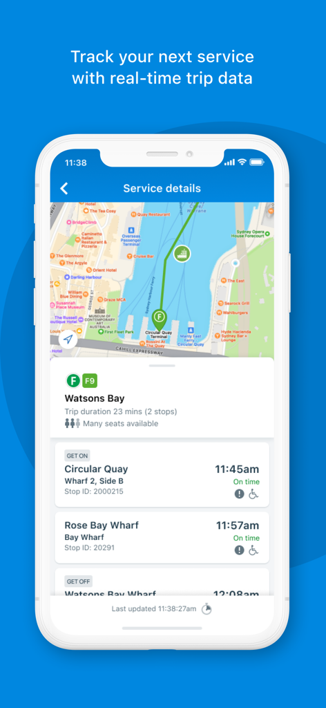 Opal Travel - Opal Travel app screen showing real-time service details and map for a ferry trip in Sydney