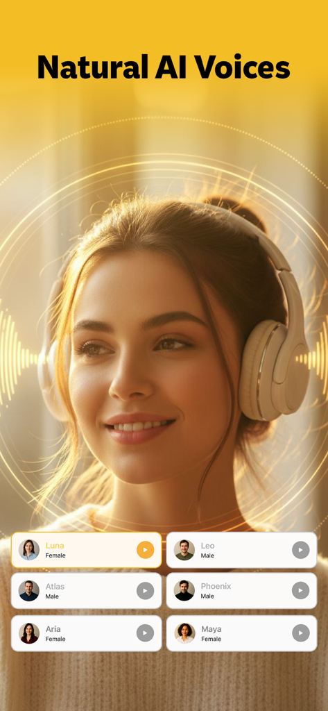 AI Text to Speech by Listenify - Una interfaz de usuario que muestra varios perfiles de voz neuronal similares a los humanos en la aplicación Listenify