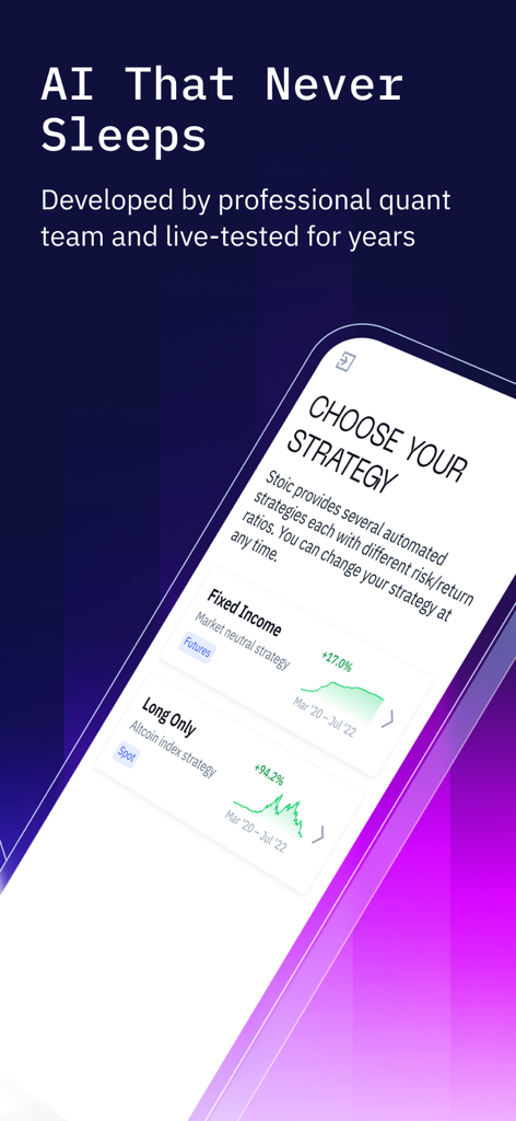 Stoic AI: Crypto Trading Bot - Stoic AI mobile app interface showing various crypto investment strategies like Fixed Income and Long Only