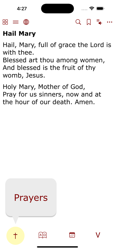 Testo della preghiera Ave Maria visualizzato sull'interfaccia dell'app cattolica iPieta