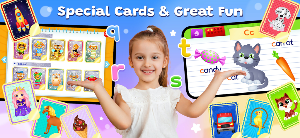 123 Kids Fun ALPHABET - A child smiling with educational games and digital stickers from the 123 Kids Fun Alphabet app