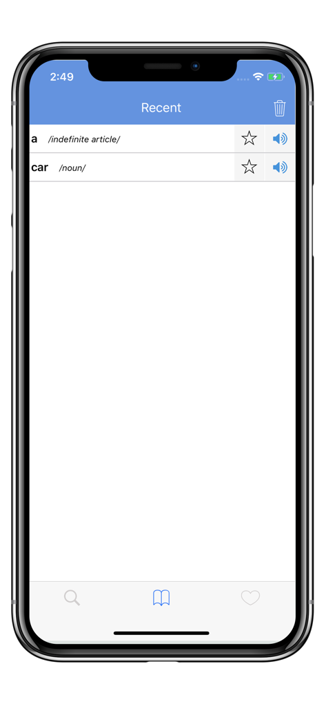 3000 Words English - The recent search history screen in the 3000 Words English app displaying vocabulary words with audio and favorite options.