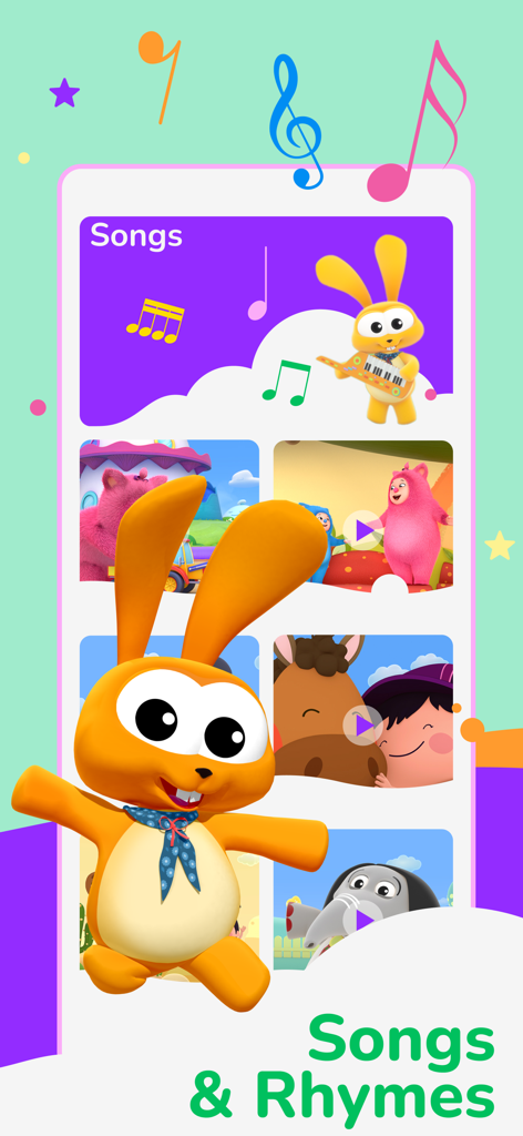 A screenshot of the BabyTV app interface featuring kids songs and nursery rhymes with a yellow bunny character
