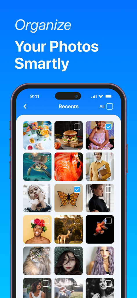 Phone Cleaner & File Manager - A smartphone screen displaying a photo gallery grid with selected items for smart organization