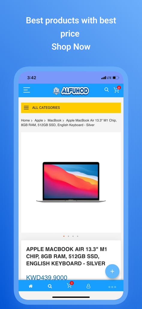 Alfuhod - Screenshot of the Alfuhod mobile app showing a product listing for an Apple MacBook Air with price and shop now button