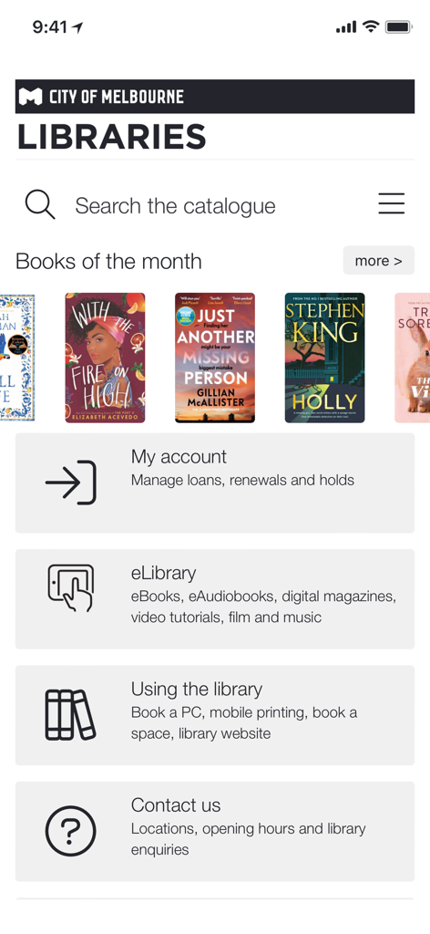 Home screen of the City of Melbourne Libraries app featuring a catalogue search bar and account management options