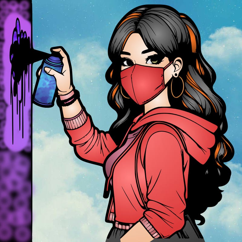 realistic girl with mask spray painting a wall