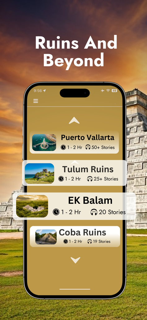 Chichen Itza: GPS Audio Guide - Mobile app interface displaying a menu of available Mayan ruins audio tours including Tulum and Coba