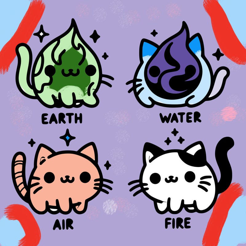 4 cats that represent the different elements, earth, water, air, and fire