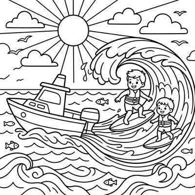 Dive into an exciting ocean adventure with our toddler wakesurfers coloring page! Featuring chunky lines and simple shapes, it's perfect for developing fine motor skills while having a splash of fun.