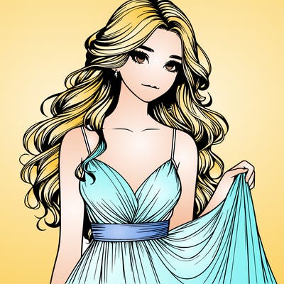 realistic girl in flowy silky prom dress