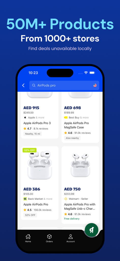 Desertcart Scout - Una interfaz de aplicación móvil para Desertcart Scout que muestra los resultados de búsqueda de AirPods Pro de varios minoristas internacionales con precios locales y globales.