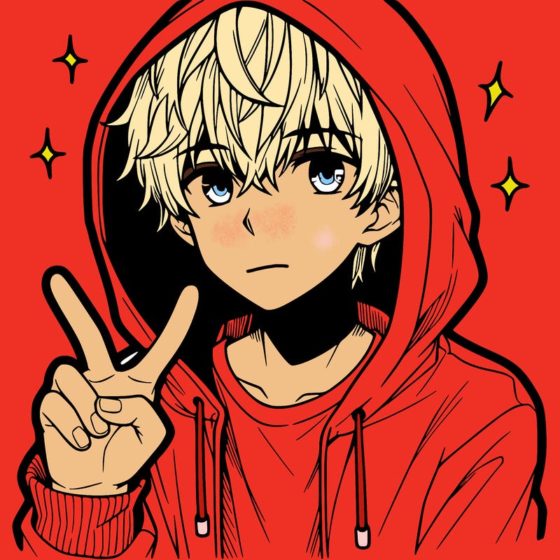 teenage manga boy in a hoodie, doing ✌