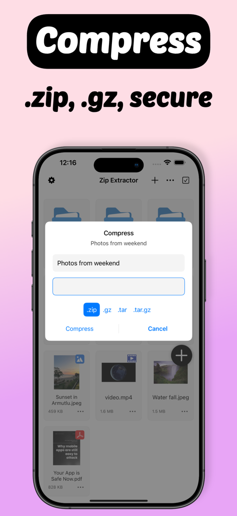 Zip Extractor: Unzip View File - Interfaz de la aplicación Extractor Zip mostrando un menú de compresión para crear archivos zip y gz seguros en iPhone.