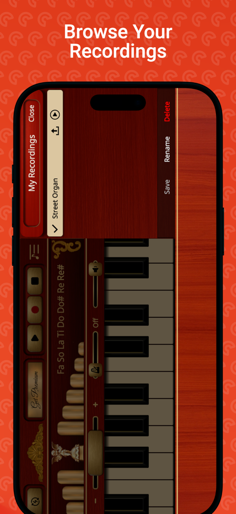 Street Organ - Street Organ app screen showing the My Recordings section with a vintage keyboard interface