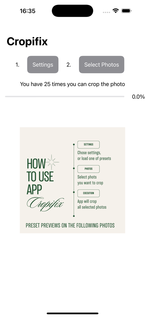 Cropifix - Cropifixのオンボーディング画面、AI写真クロッピングの指示を表示