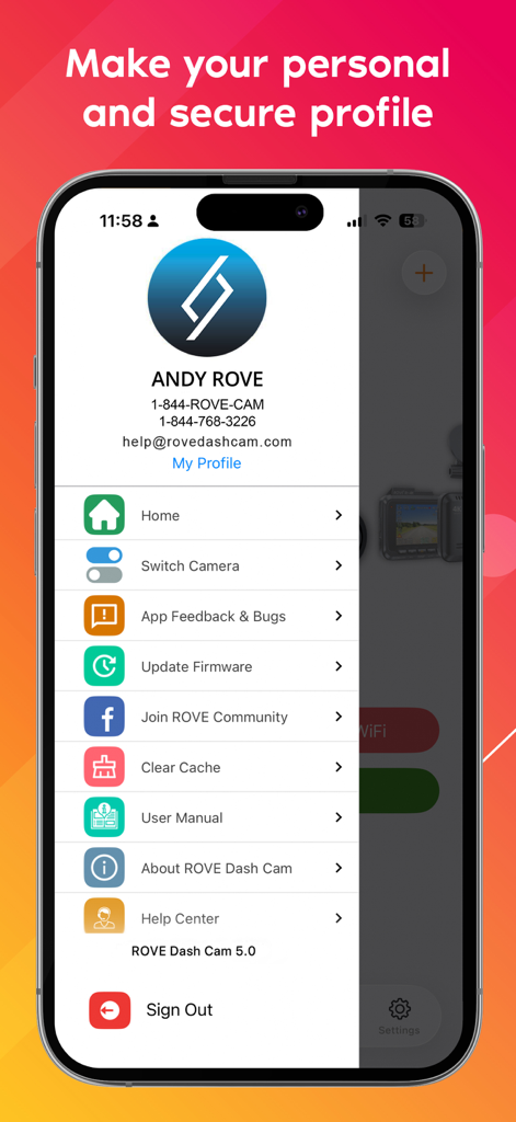 Rove Dash Cam - Rove Dash Cam app profile screen showing user settings and navigation menu