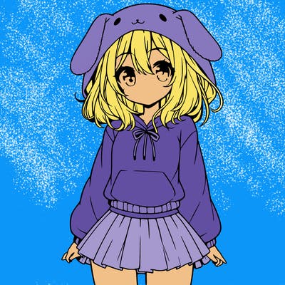 pretty anime girl wearing a fluffy hoodie with bunny ears on the hood and a skirt
