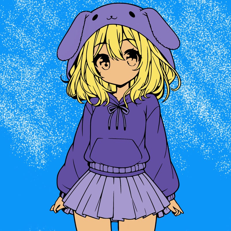 pretty anime girl wearing a fluffy hoodie with bunny ears on the hood and a skirt