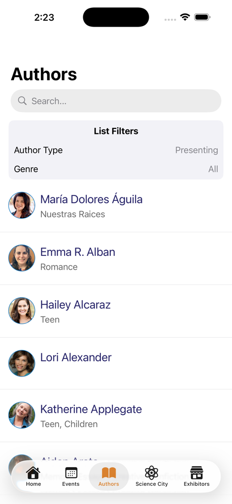 Tucson Festival of Books - A list of presenting authors with photos and genres in the Tucson Festival of Books mobile app