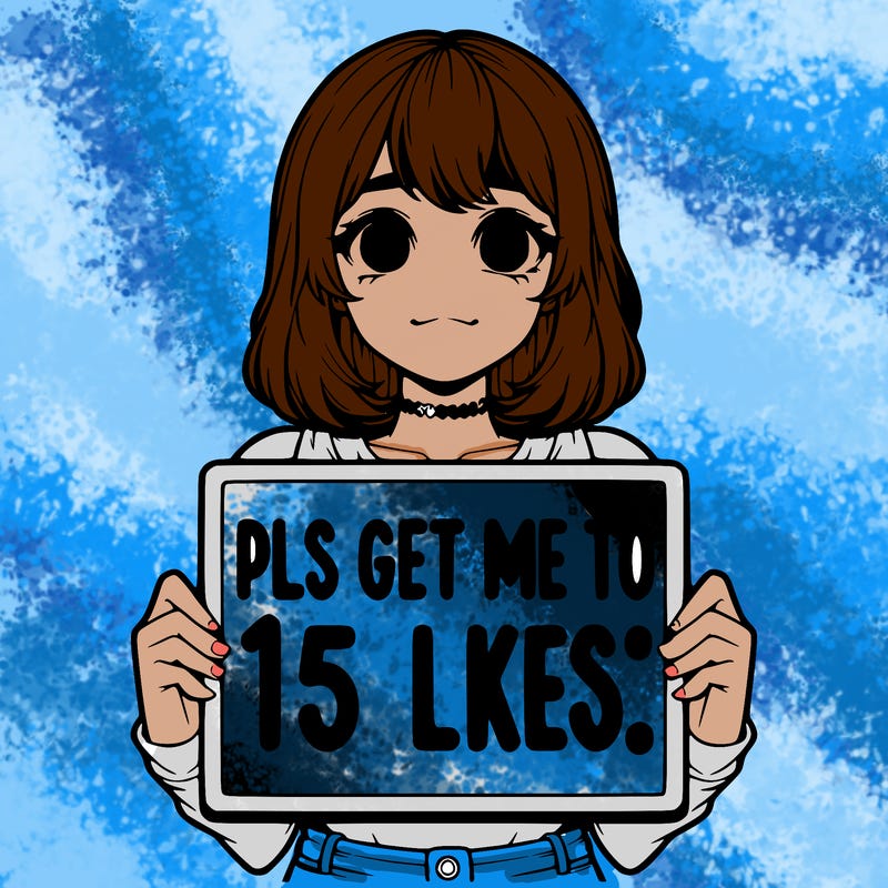 realistic girl holding up a sign that says “pls get me to 15 likes!”