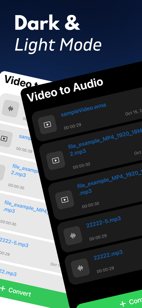 Video to Audio: MP3 Converter+ - Video to Audio MP3 Converter app interface showing both dark and light mode themes.
