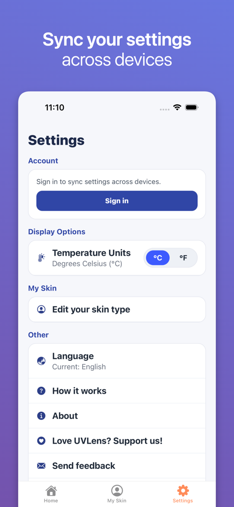 UVLens - UV Index - UVLens app settings screen showing account sync and display options