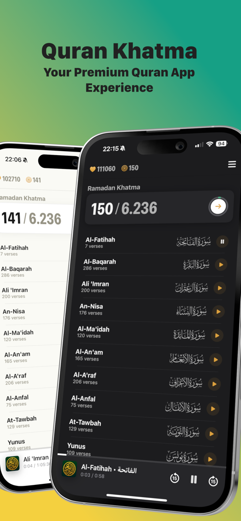 قرآن كريم - Quran - Two smartphones showing the Quran Khatma app interface in light and dark modes with surah lists and reading progress