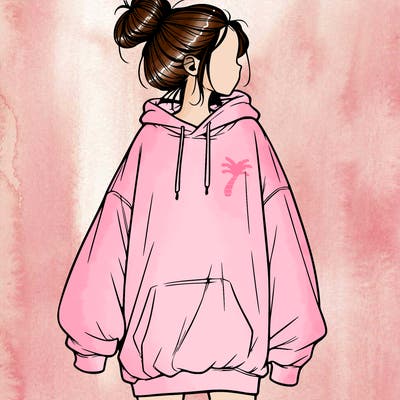 realistic girl with a oversized sweatshirt on and a bun