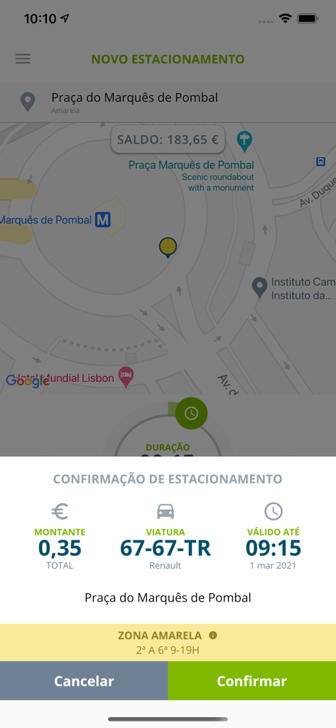 ePark EMEL - A parking confirmation screen on the ePark EMEL app for a location in Lisbon