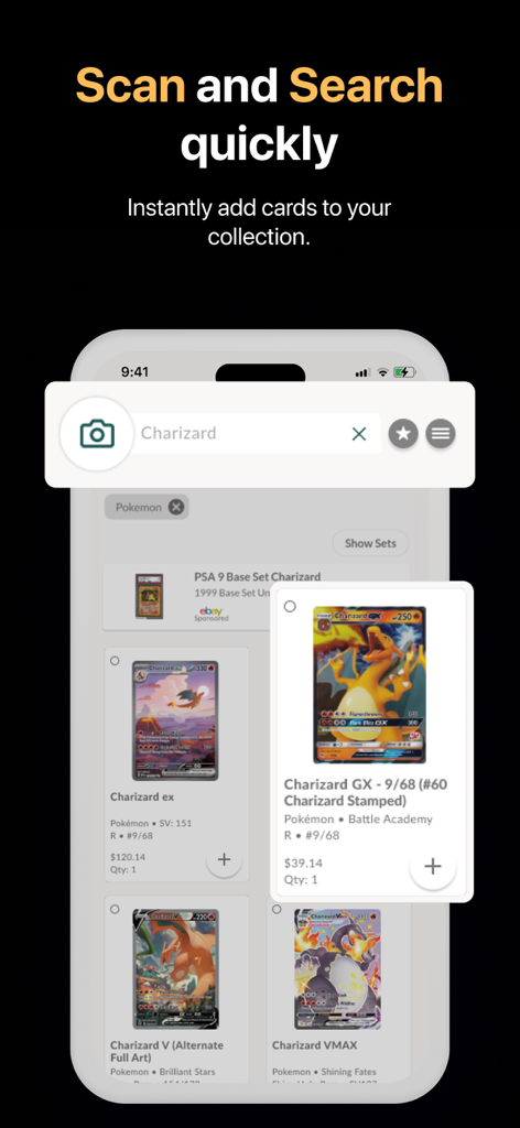 Collectr - TCG Collector App - Collectr app interface showing the scan and search feature for Pokemon cards