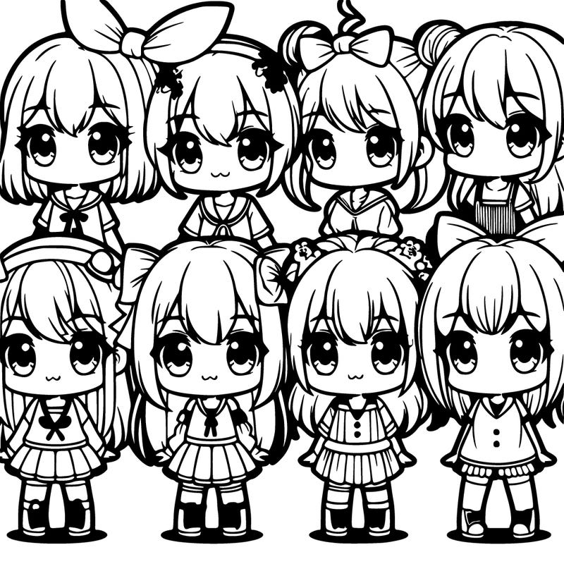 seven kawaii manga girls standing side-by-side