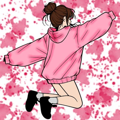 realistic girl jumping with a bun and oversized sweatshirt