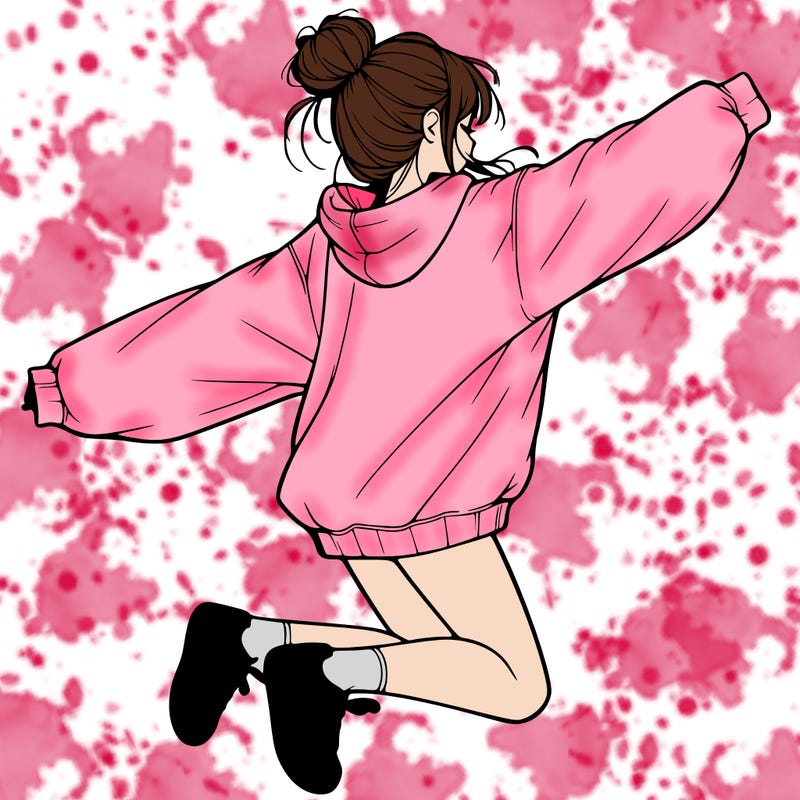 realistic girl jumping with a bun and oversized sweatshirt