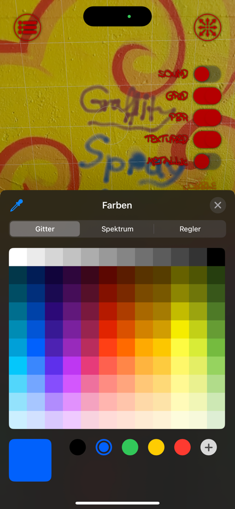 Graffiti Spray AR - Graffiti Spray AR app interface showing a grid color selection palette over an augmented reality wall background.