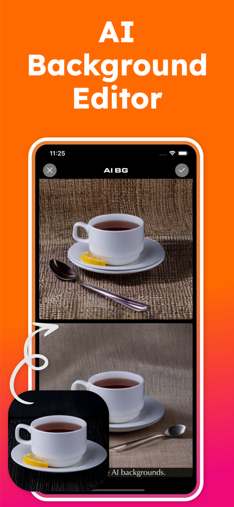 AI background editor mobile app interface showing a tea cup being edited with different backgrounds
