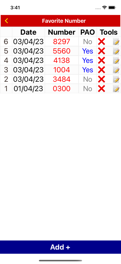 List of saved favorite 4D numbers in the lottery results app