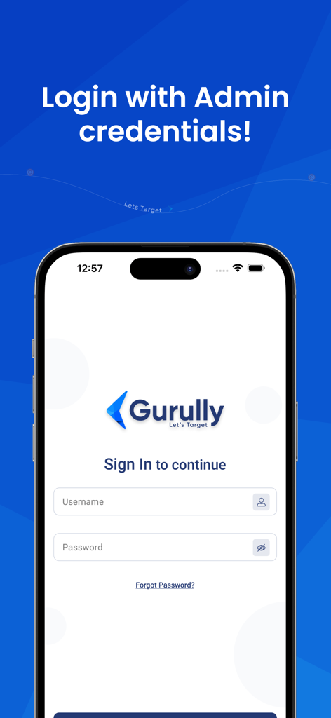 Gurully Institute - Admin login screen for the Gurully Institute app showing username and password entry fields