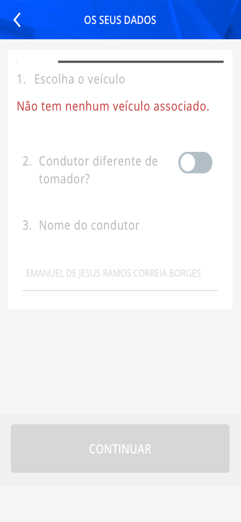 GarantiaMobile app interface for entering driver and vehicle information