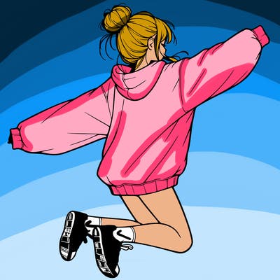 realistic girl jumping with a bun and oversized sweatshirt