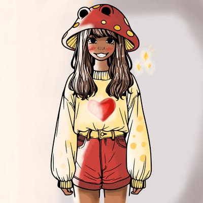a realistic girl with a frog hat and baggy mushroom shirt