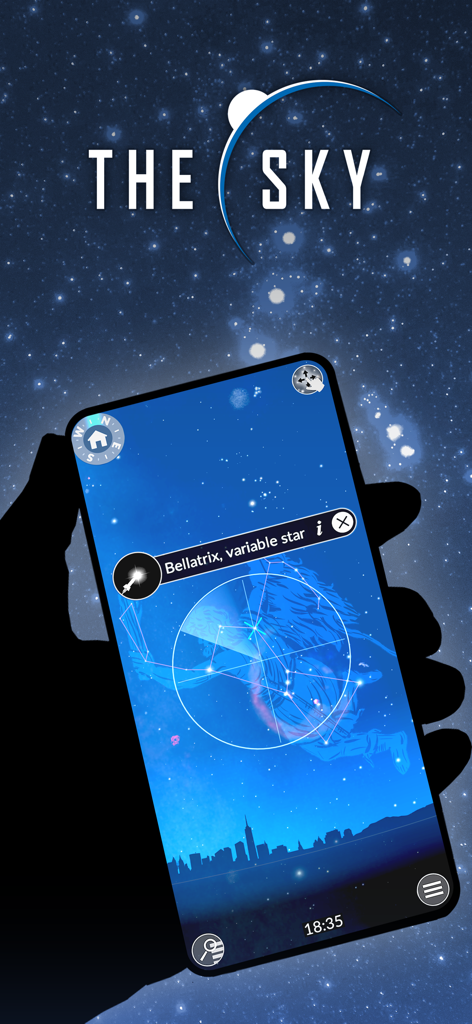 Smartphone screen displaying the star Bellatrix and constellations in The Sky by Redshift app