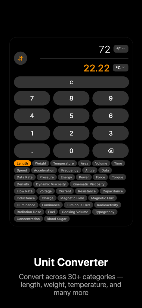 Calculator: Scientific+Finance - A mobile app screen for unit conversion featuring temperature calculation and over 30 categories.