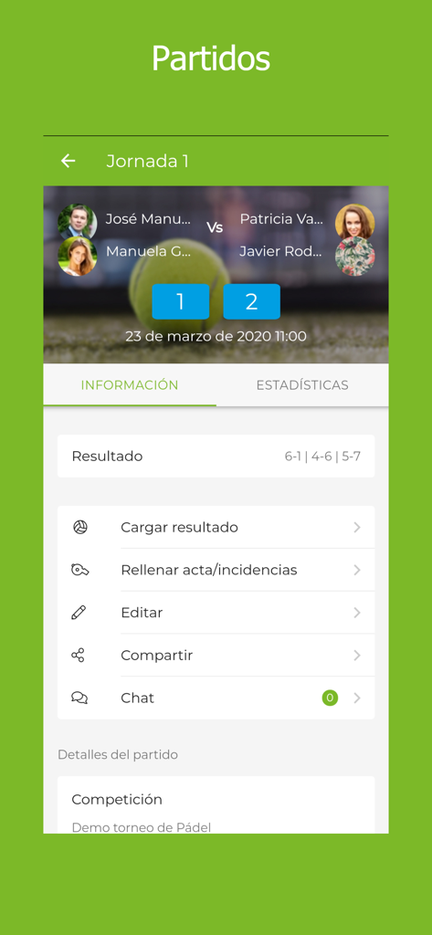 Xporty app interface showing padel match results score and league management options