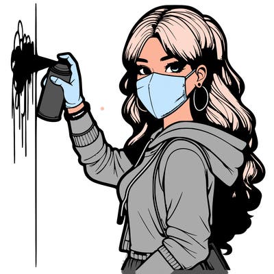 realistic girl with mask spray painting a wall