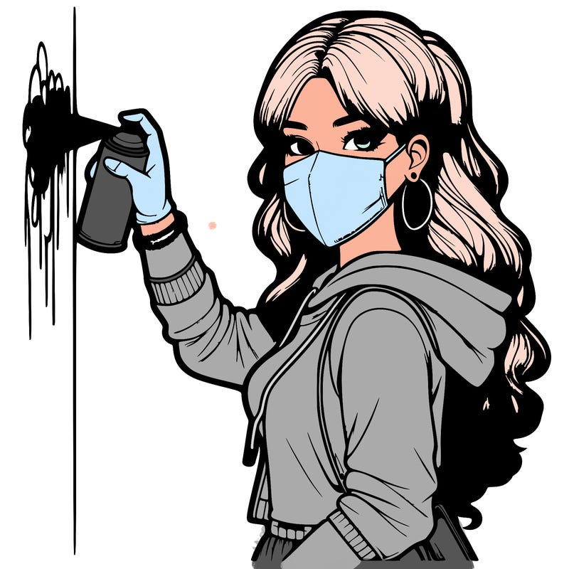 realistic girl with mask spray painting a wall