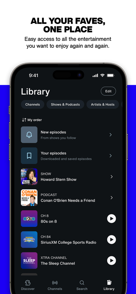 The Library section of the SiriusXM app displaying saved radio channels and podcasts on an iPhone.