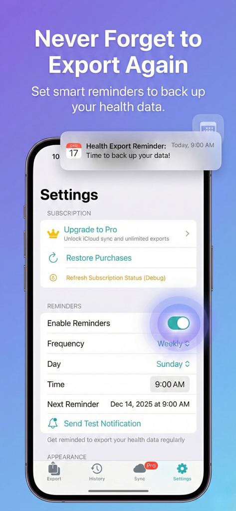 Health Data Export AI Analyzer - A smartphone screen showing settings for scheduling health data export reminders with a notification bubble.
