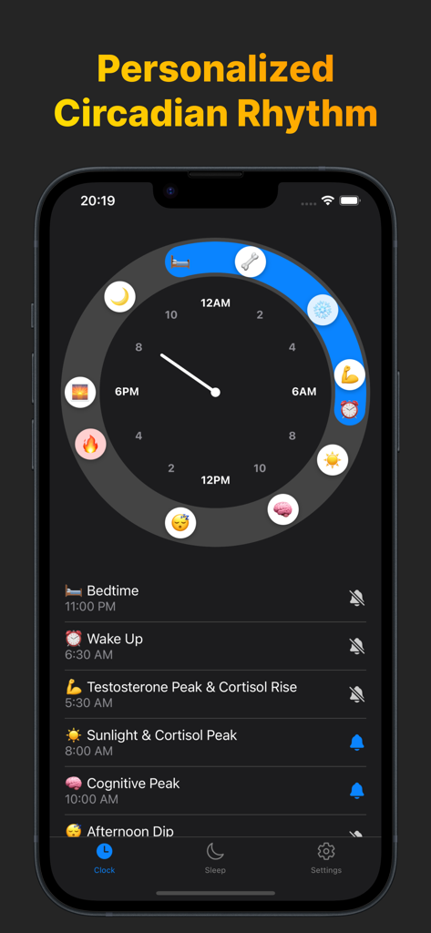 Circadian Rhythm: Body Clock - A mobile app interface showing a personalized circadian rhythm clock with scheduled daily biological peaks and alerts