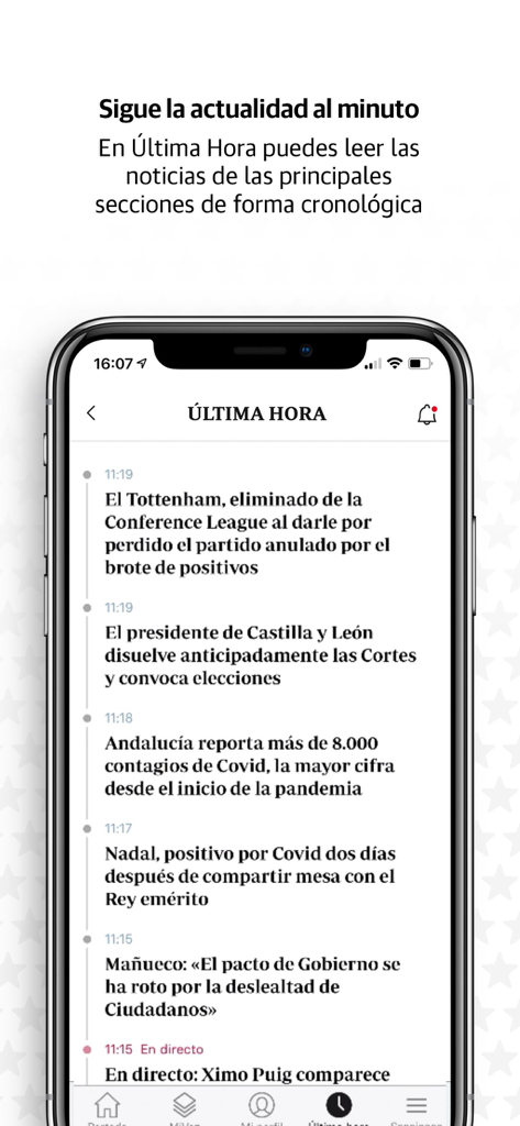 Sección de noticias de última hora de la aplicación Diario La Voz de Cádiz que muestra titulares cronológicos en un teléfono móvil